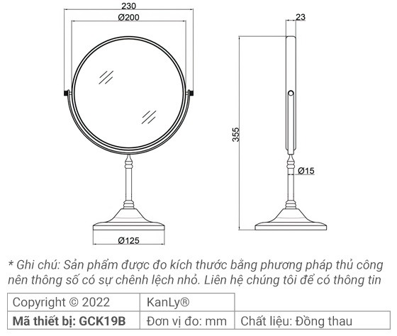 Bản vẽ kỹ thuật gương 2 mặt mini Kanly GCK19B