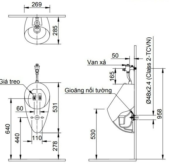 Bản vẽ bệ tiểu nam treo tường U117V INAX