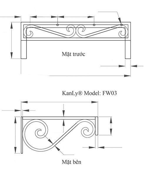 Bản vẽ bàn đặt chậu lavabo Kanly FW 03 mặt đá treo tường