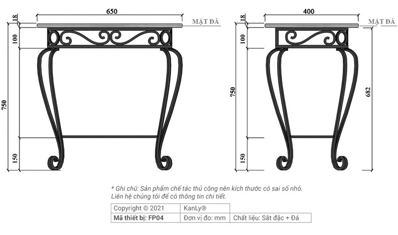 Bản vẽ khung sắt đặt chậu lavabo Kanly FP 04 bàn mặt đá