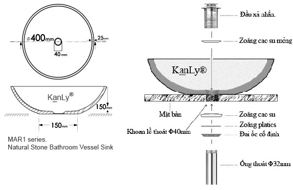 Bản vẽ kích thước chậu rửa mặt đá tự nhiên Kanly MAR11N