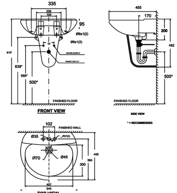 Bản vẽ kích thước lavabo American Standard VF-0800 VF-0911
