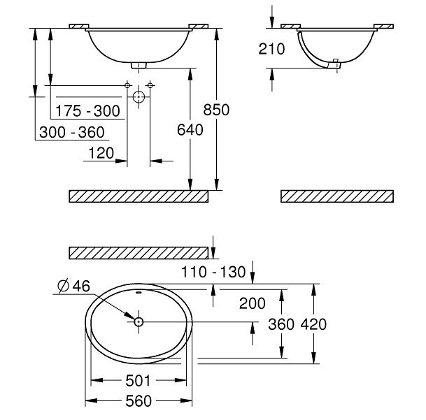 Bản vẽ kích thước lavabo âm bàn 39317000 Grohe