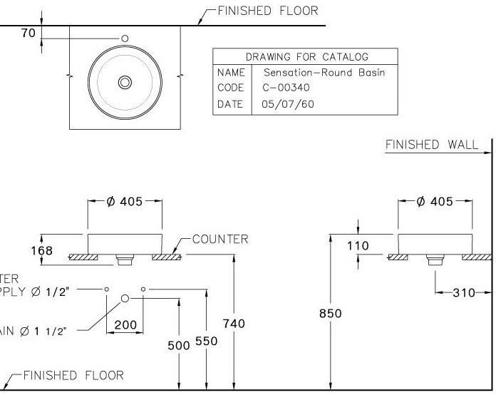 Bản vẽ kỹ thuật lavabo màu kem C00340 MIR Cotto