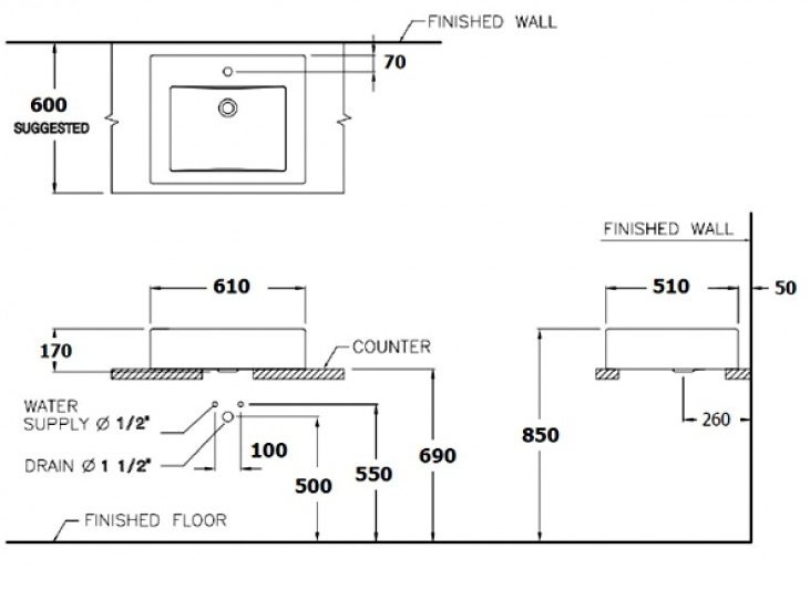 Bản vẽ kỹ thuật chậu lavabo đặt bàn Cotto C0005