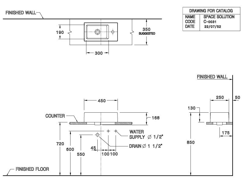 Bản vẽ kích thước lavabo đặt bàn Cotto c 0031 