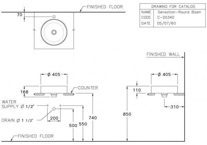 Bản vẽ kỹ thuật chậu lavabo đặt bàn c 00341 MSL Cotto vuông