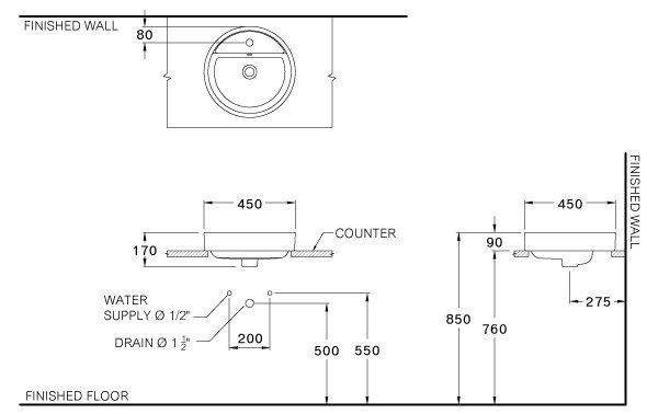 Bản vẽ kích thước lavabo rửa mặt đặt bàn Cotto c 003807 fr