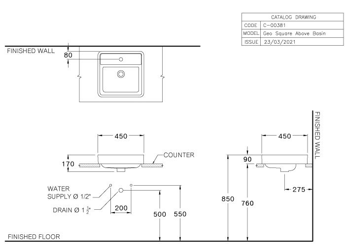 Bản vẽ kích thước chậu lavabo đặt bàn C 00381 MBK  COTTO