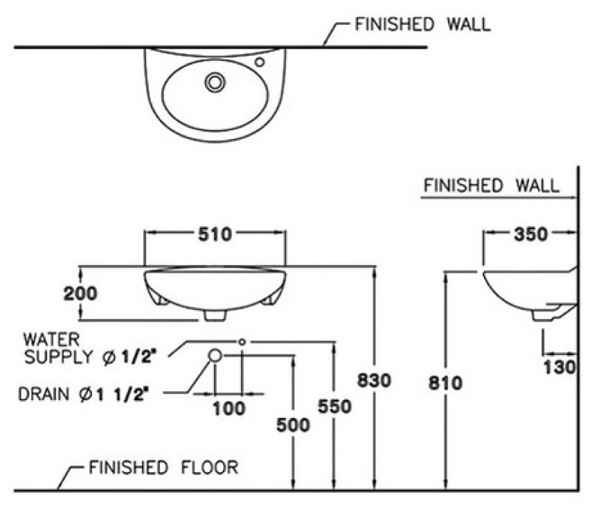 Bản vẽ kỹ thuật chậu Lavabo treo tường Cotto C005