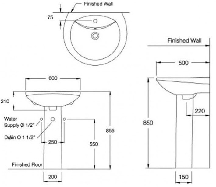 Bản vẽ kích thước lavabo treo tường Cotto C0107 - C411
