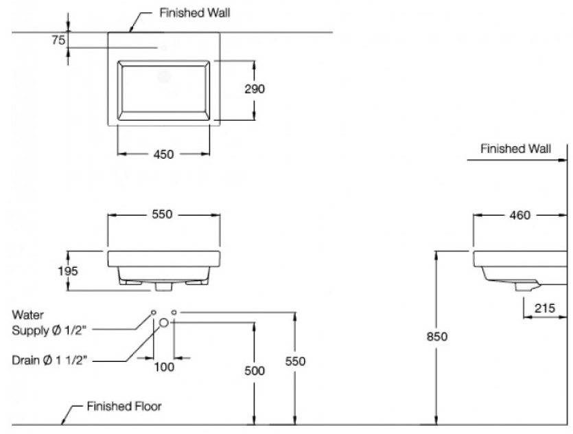 Bản vẽ kích thước chậu treo tường C 01397 cotto