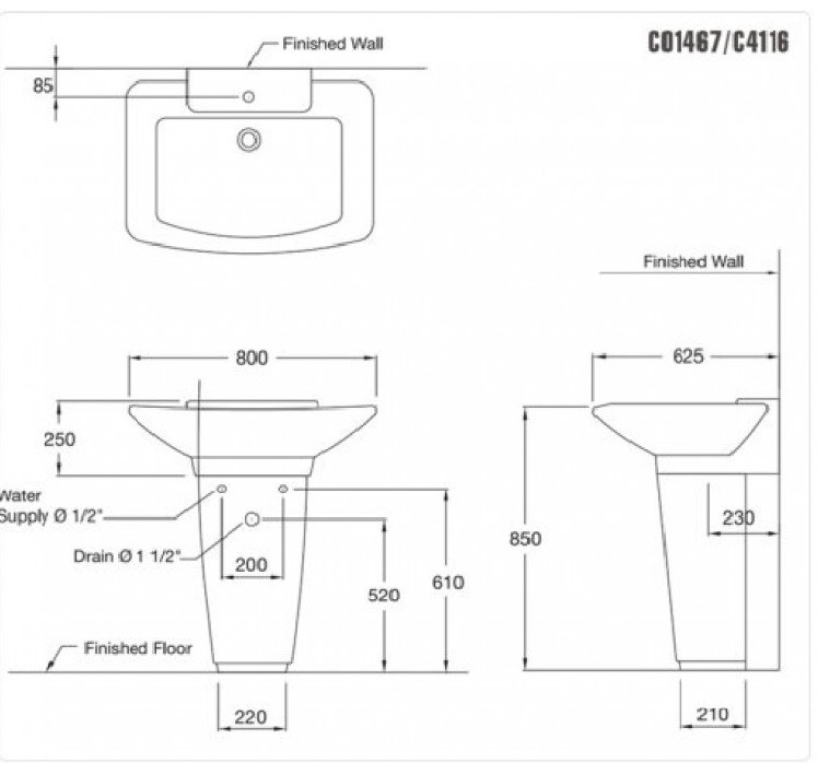 Bản vẽ kích thước chậu lavabo Cotto C01467 - C4116