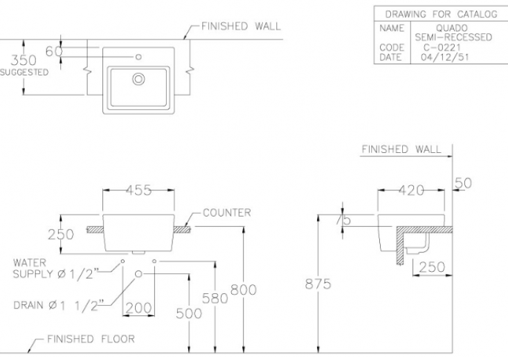 Bản vẽ kỹ thuật chậu rửa mặt bán âm bàn Cotto C 02217