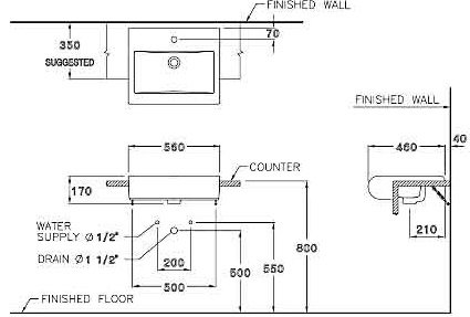 Bản vẽ kích thước lavabo Cotto C02237 bán âm bàn