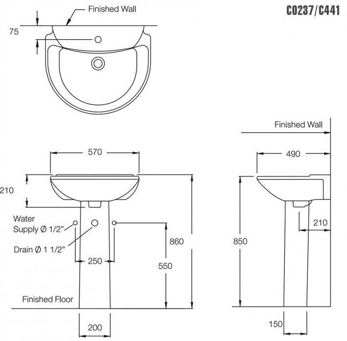 Bản vẽ kích thước  lavabo troe tường chân dài cotto C0237 - C411