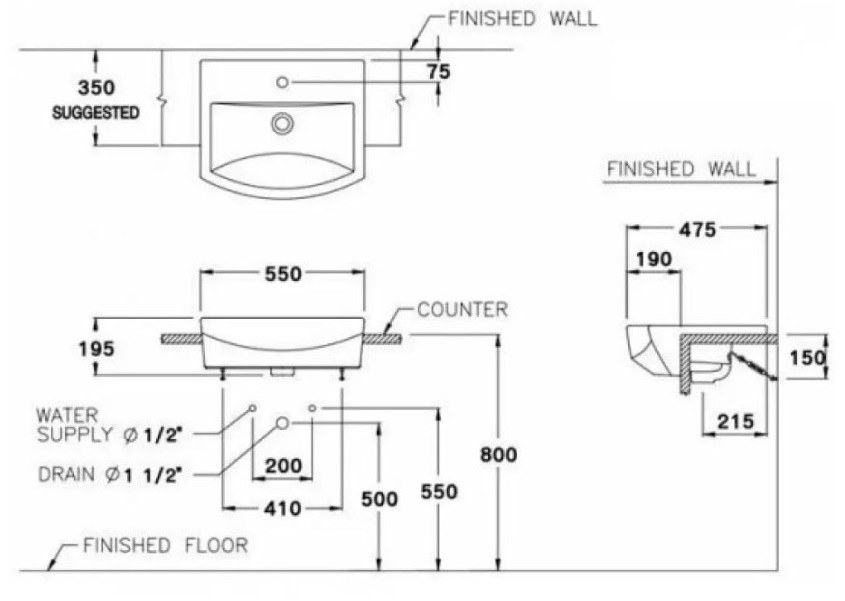 Bản vẽ kỹ thuật Chậu lavabo bán âm bàn C 02427