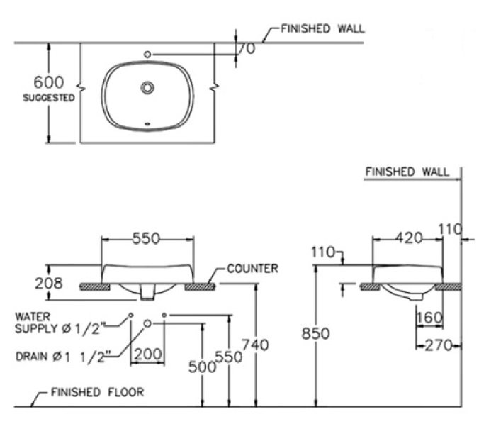 Bản vẽ kỹ thuật lavabo Cotto C 02517 đặt bàn đá