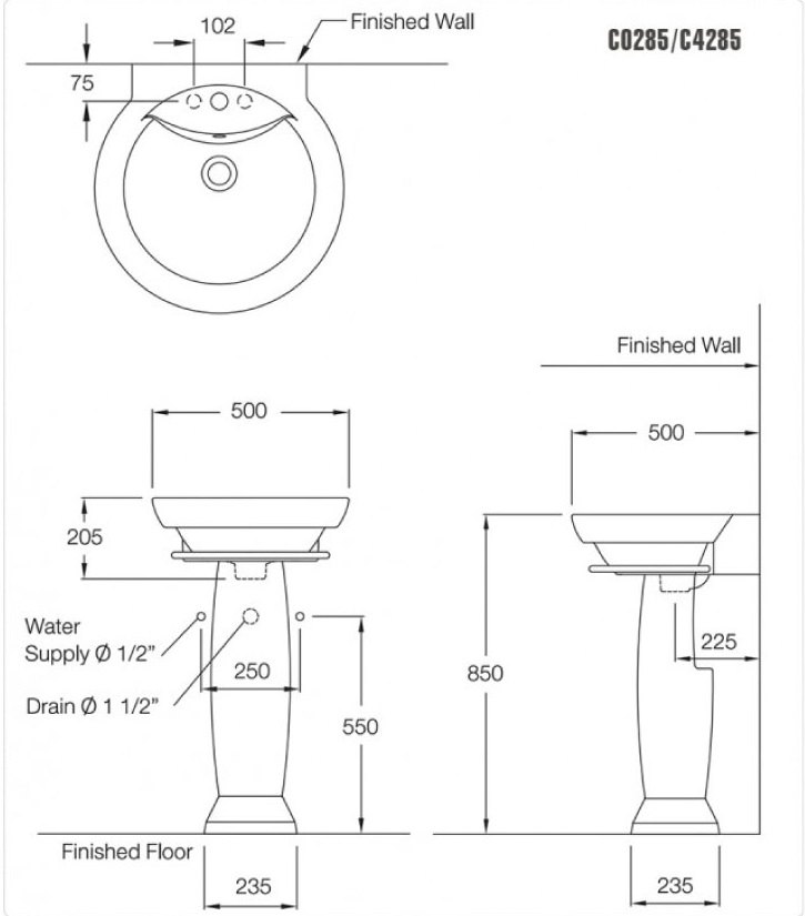 Bản vẽ kỹ thuật chậu lavabo Cotto C0285 - C4285 treo tường