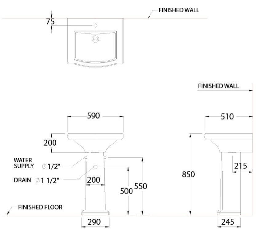 Bản vẽ kích thước chậu rửa mặt Cotto C02957 C4066