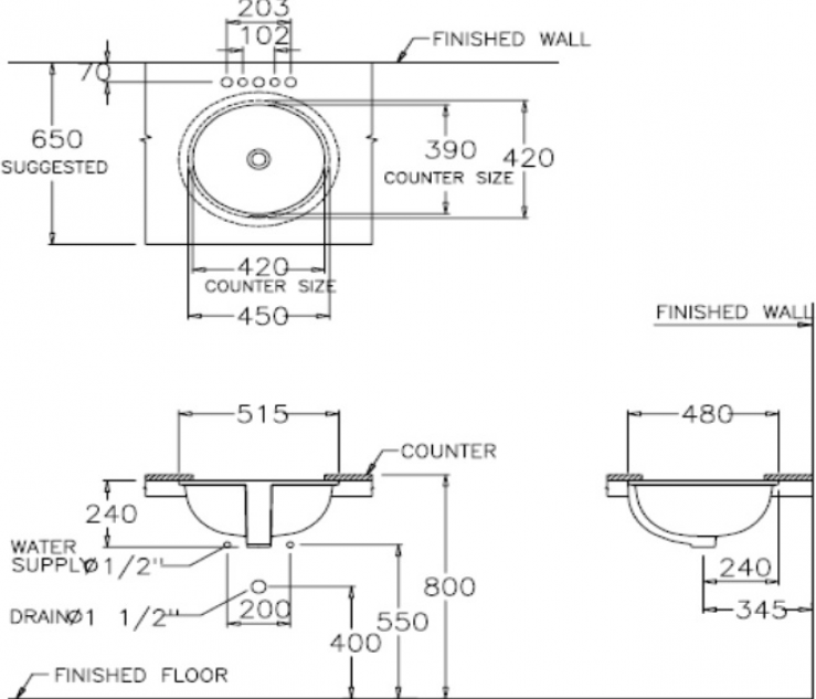 Bản vẽ kích thước lavabo âm bàn Cotto c 0513