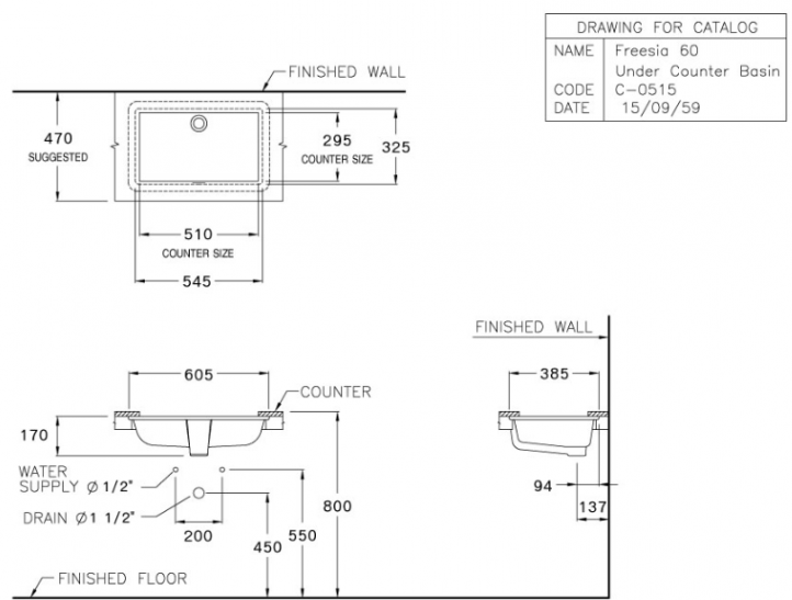 Bản vẽ kỹ thuật lavabo âm bàn Cotto C 05157