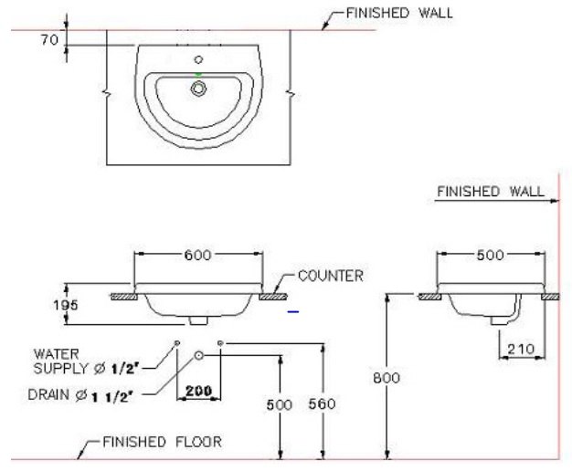 Bản vẽ kích thước chậu lavabo Cotto C 05847 