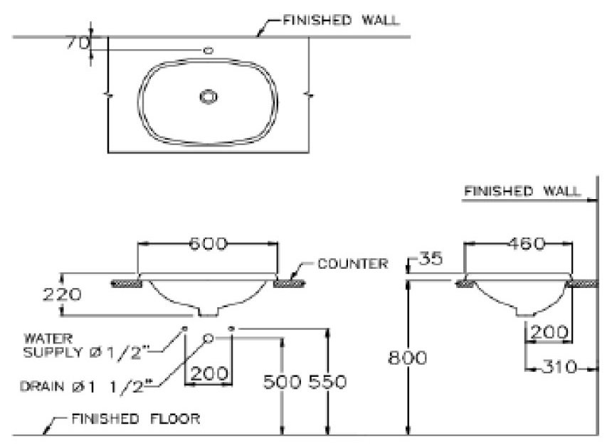 Bản vẽ kích thước lavabo rửa mặt dương vành Cotto c 05867