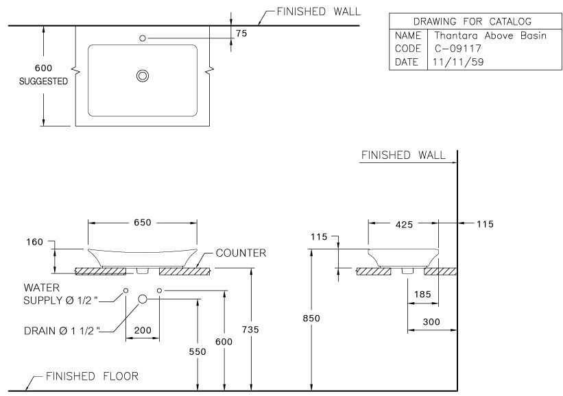 Bản vẽ kỹ thuật chậu lavabo đặt bàn Cotto C 0911 MBK