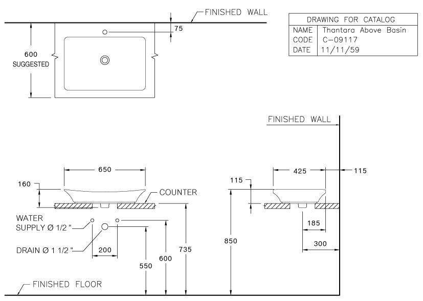 Bản vẽ kỹ thuật chậu lavabo đặt bàn Cotto c 0911 mwh