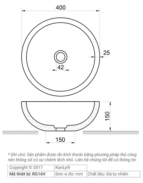 Bản vẽ kích thước lavabo đặt bàn MAR13N đá Kanly