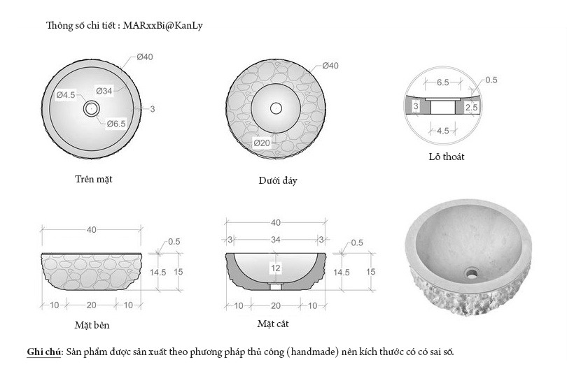 Bản vẽ kích thước chậu rửa mặt đá tự nhiên Kanly MAR14Bi