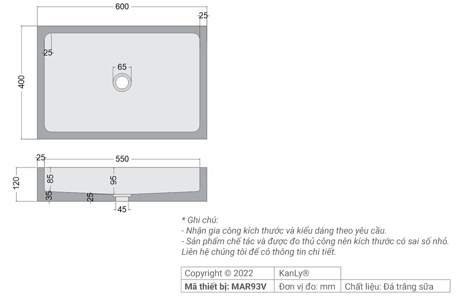 Bản vẽ chậu lavabo chữ nhật Kanly MAR93V
