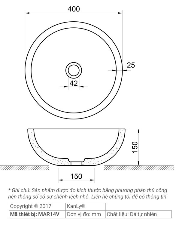 Bản vẽ kích thước chậu rửa mặt đá marble Kanly MAR14V