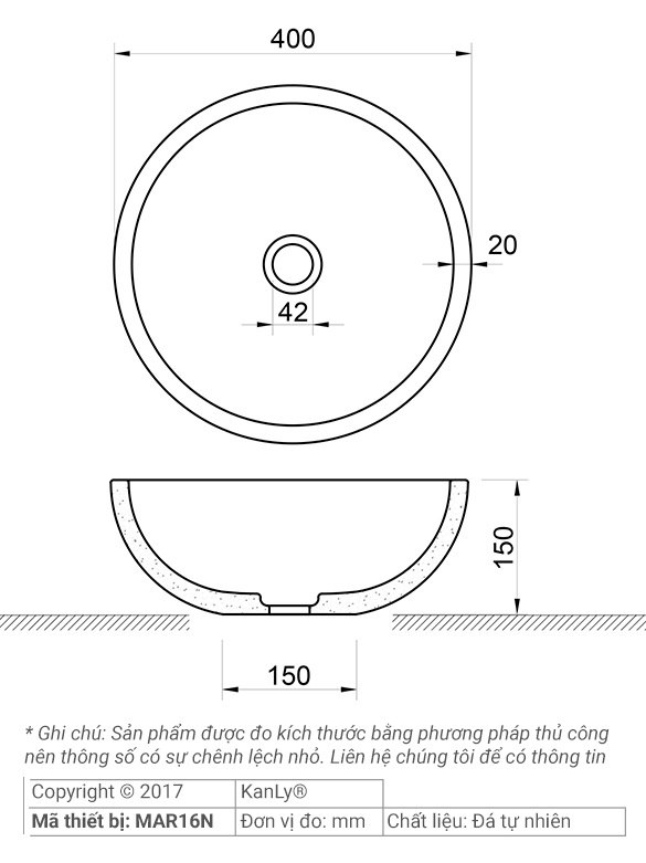 Bản vẽ kích thước chậu rửa mặt đá Kanly MAR16N