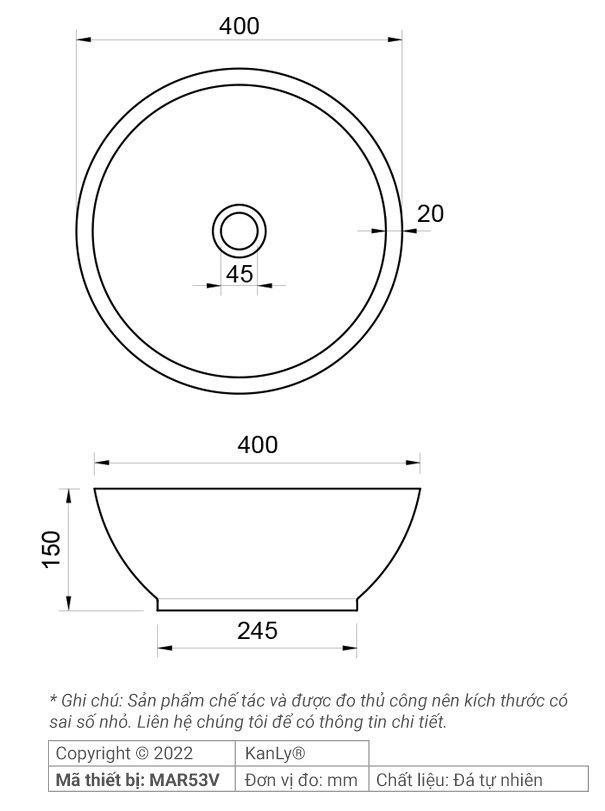 Bản vẽ kích thước chậu rửa mặt đá tự nhiên Kanly MAR53V
