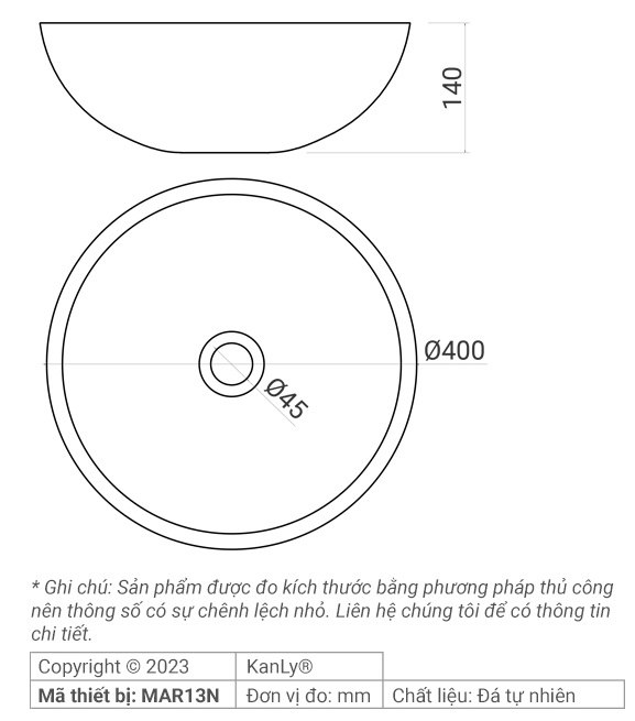 Bản vẽ kích thước lavabo đặt bàn MAR13N đá Kanly