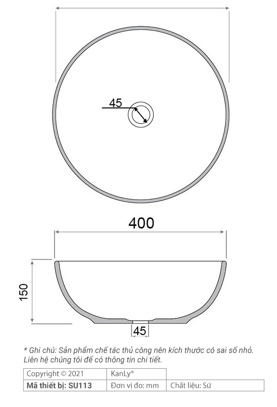 Bản vẽ kích thước chậu rửa mặt Kanly SU113 sứ in mỹ thuật
