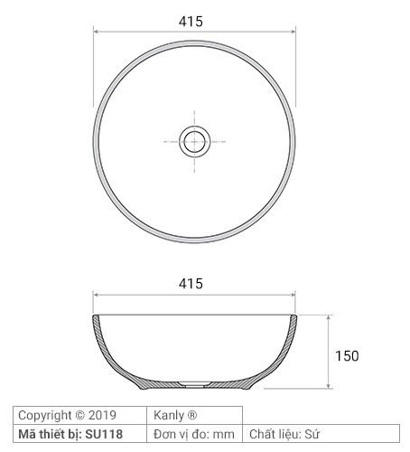 Bản vẽ kích thước chậu rửa mặt Kanly SU118 sứ in mỹ thuật
