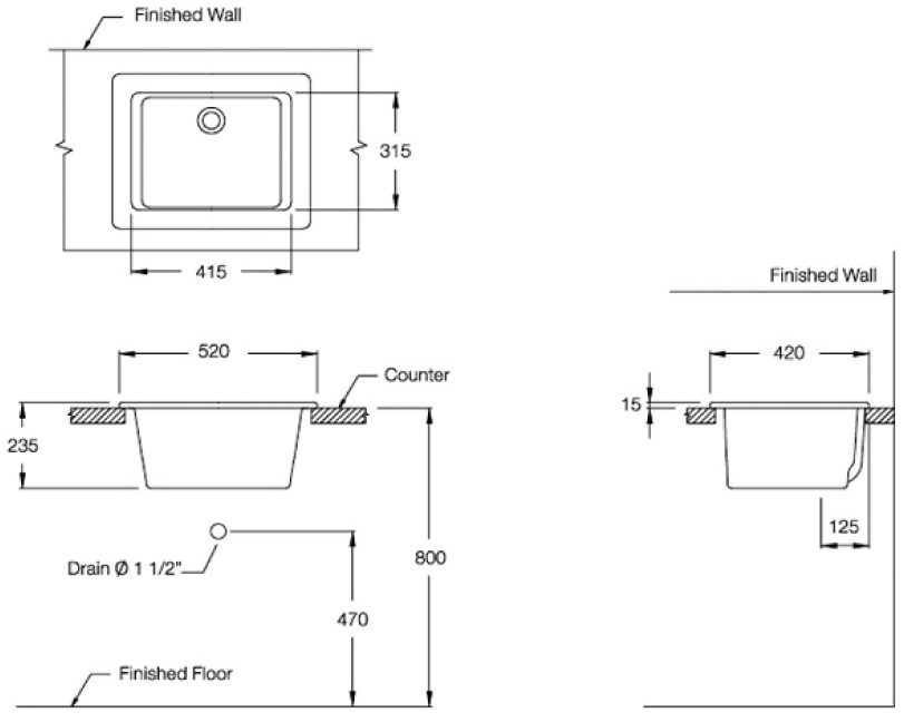 Bản vẽ kích thước chậu dịch vụ C 5201 Cotto