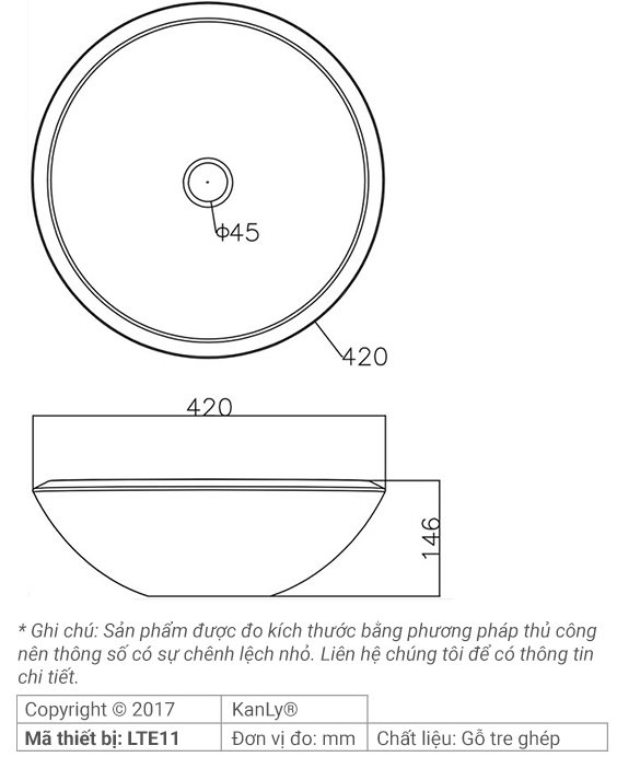Bản vẽ kích thước chậu rửa mặt Kanly LTE 11 420mm