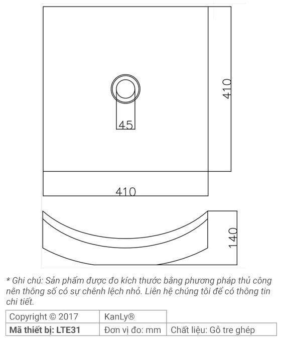 Bản vẽ kích thước chậu rửa mặt Kanly LTE 31