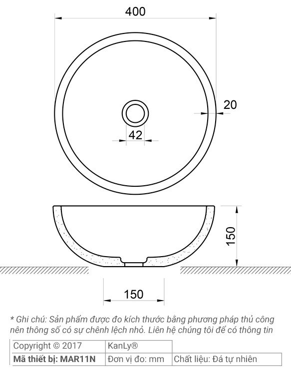 Bản vẽ kích thước chậu rửa mặt đá tự nhiên Kanly MAR11N