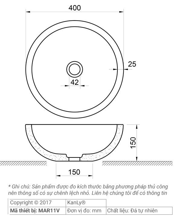 Bản vẽ kích thước chậu rửa mặt đá tự nhiên Kanly MAR11V