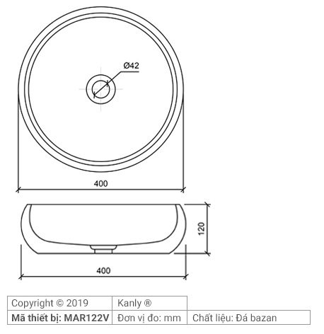 Bản vẽ kích thước chậu rửa mặt đá bazan Kanly MAR122V
