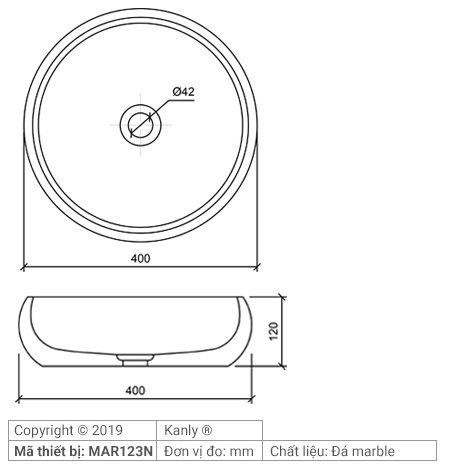 Bản vẽ kích thước chậu rửa mặt đá tự nhiên MAR123N