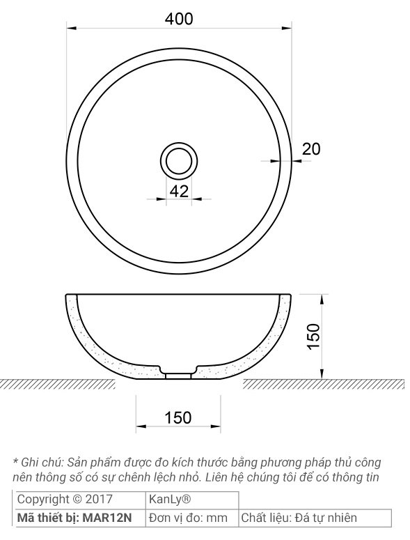 Bản vẽ kích thước chậu rửa mặt đá tự nhiên Kanly MAR12N