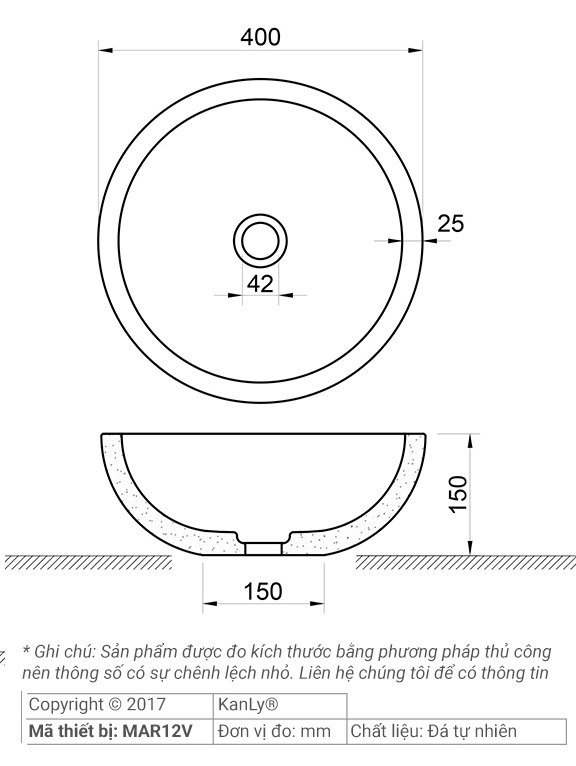 Bản vẽ kích thước chậu rửa mặt đá tự nhiên Kanly MAR12V