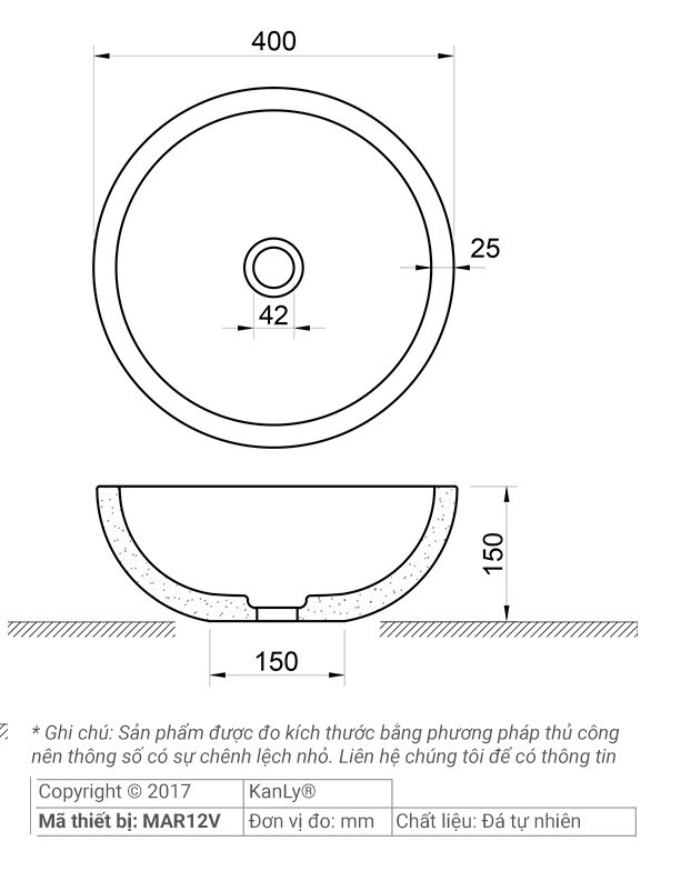 Bản vẽ kích thước chậu rửa mặt đá tự nhiên Kanly MAR133N