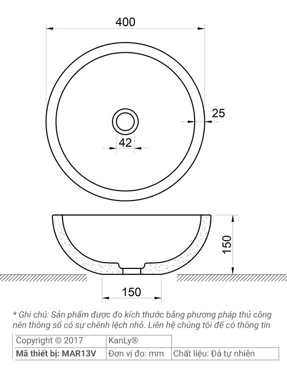 Bản vẽ kích thước chậu rửa mặt đá tự nhiên Kanly MAR13V